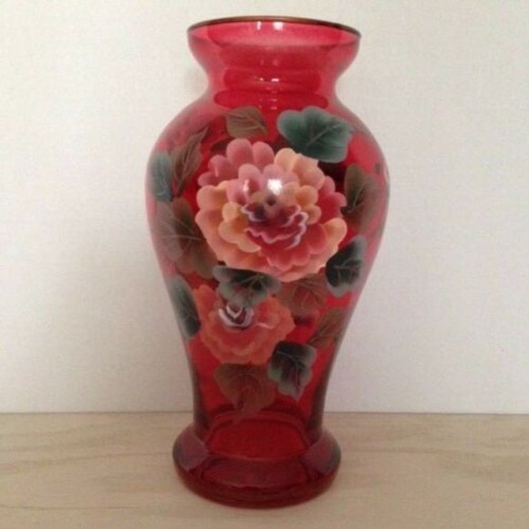 Other - HAND PAINTED RUBY FLOWER 9" VASE Home Office 34785
